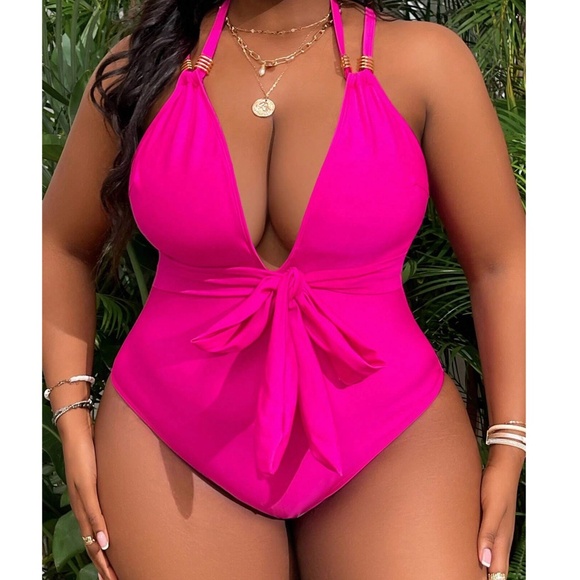 Plus Hot Pink Plunging neck Double Strap Monokini One Piece Swimsuit - Picture 1 of 3
